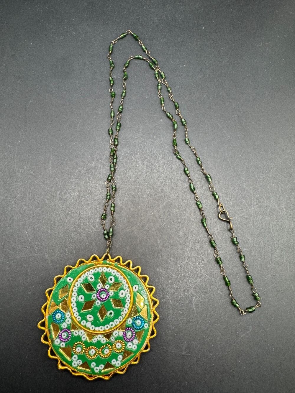 Vintage Dime Store Glass Multi Color Seed Bead Necklace With Clay Bisque Pendant